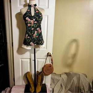 Express Wms Floral Halter Neck Chiffon Flowing Tropical Resort Boho Blouse XS